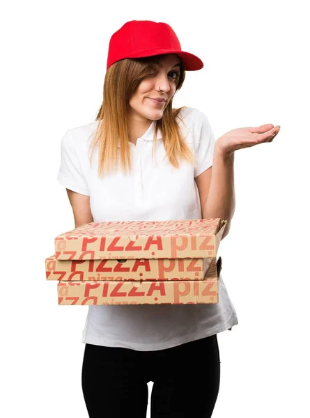 Pizza donna consegna fare gesto senza importanza — Foto Stock