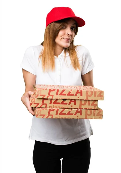 Доставка піци жінка робить неважливий жест — стокове фото
