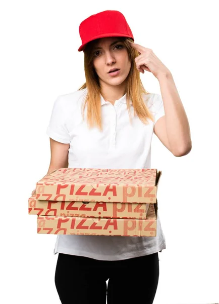 Доставка піци жінка робить божевільний жест — стокове фото