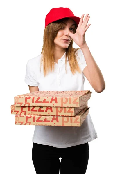 Доставка піци жінка робить анекдот — стокове фото