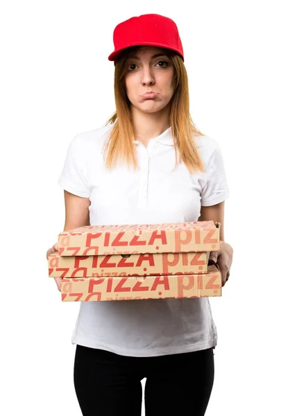 悲伤的比萨饼送上门的女人 — 图库照片