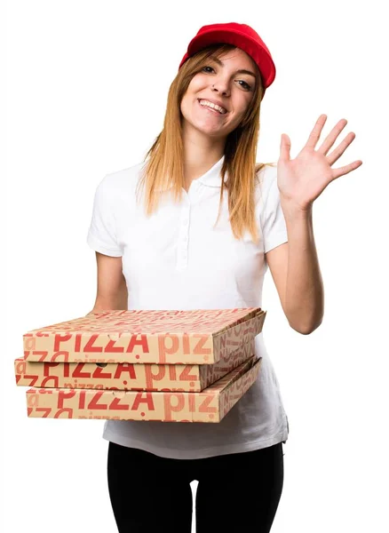 Pizza entrega mujer saludando — Foto de Stock