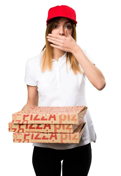 Pizza dodávka žena jí ucpal ústa — Stock fotografie