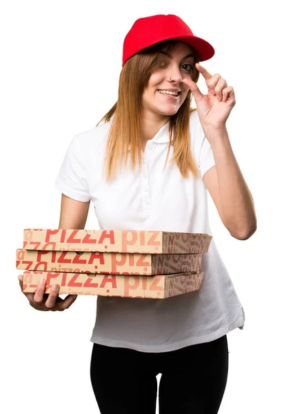 Pizza dodávka žena dělat malé znamení — Stock fotografie