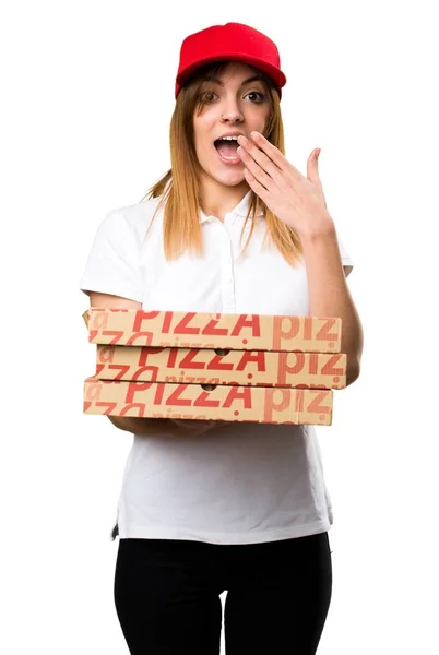 Mulher de entrega de pizza fazendo gesto surpresa — Fotografia de Stock