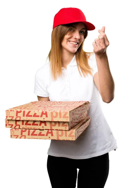 피자 배달 여자 돈을 제스처를 만들기 — 스톡 사진