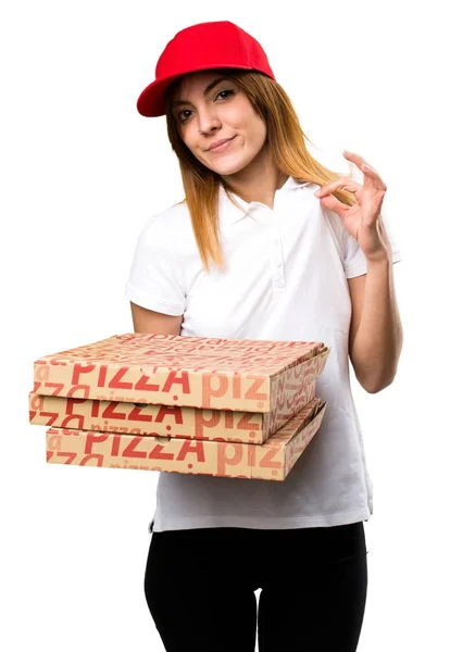 Доставка піци жінка пишається собою — стокове фото