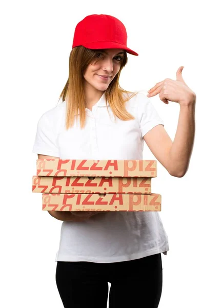 Pizza delivery nő büszke magát — Stock Fotó