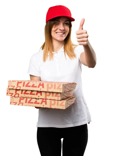 Mulher de entrega de pizza com polegar para cima — Fotografia de Stock