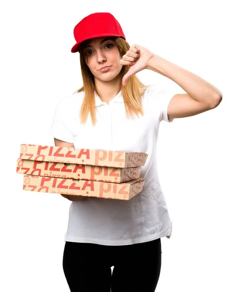 Entrega de pizza mulher fazendo mau sinal — Fotografia de Stock