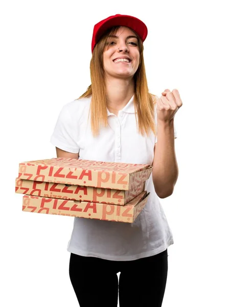 Щаслива жінка доставки піци — стокове фото