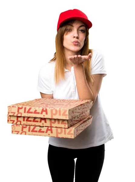 피자 배달 여자 키스를 보내는 — 스톡 사진