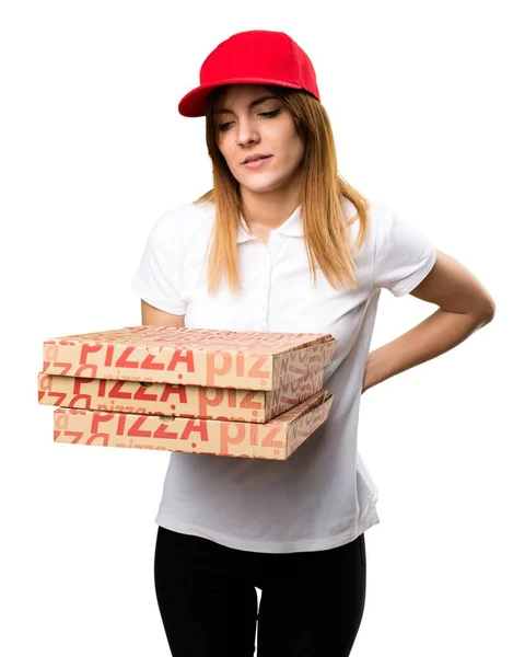 Pizza dodávka žena s bolestí zad — Stock fotografie