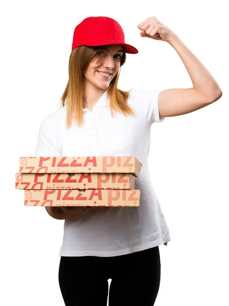 Pizza entrega mujer haciendo fuerte gesto — Foto de Stock