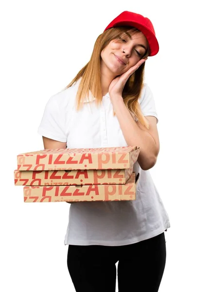 Pizza teslim kadın uyku jest yapma — Stok fotoğraf