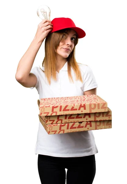 Pizza entrega mulher segurando um bulbo — Fotografia de Stock