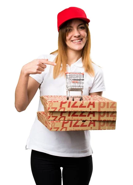 Pizza delivery woman holding a supermarket cart toy — Stock Photo, Image