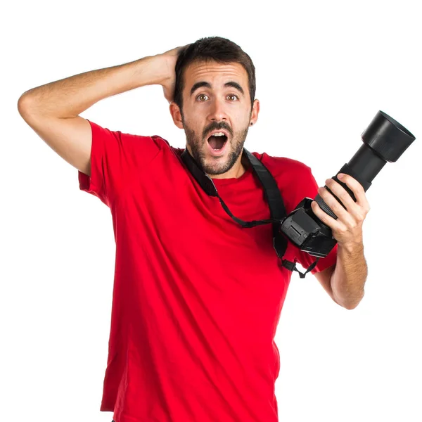 Photographer man making surprise gesture — Stock Photo, Image