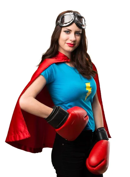 Superhero Ładna dziewczyna z rękawice bokserskie — Zdjęcie stockowe
