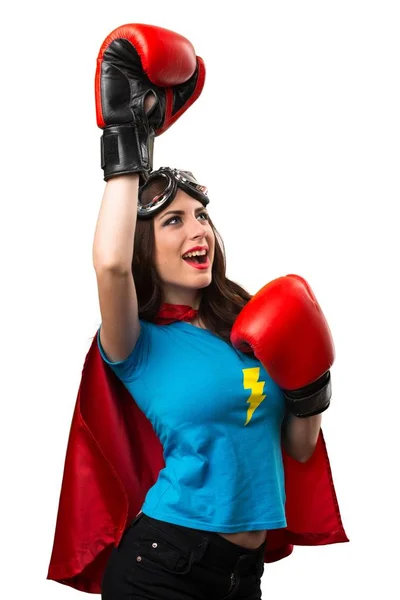 Sorte menina super-herói bonita com luvas de boxe — Fotografia de Stock