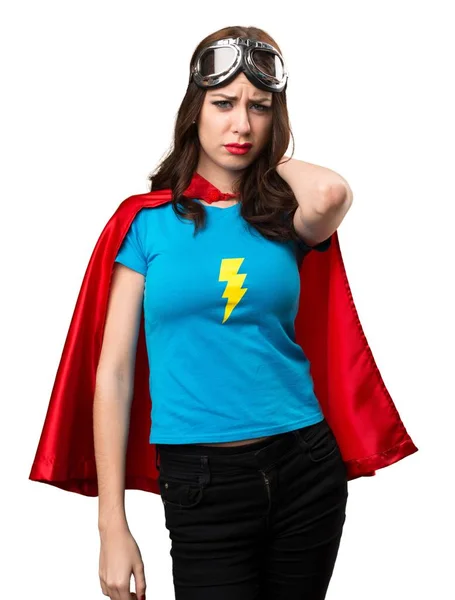 Bastante chica superhéroe con dolor de cuello —  Fotos de Stock
