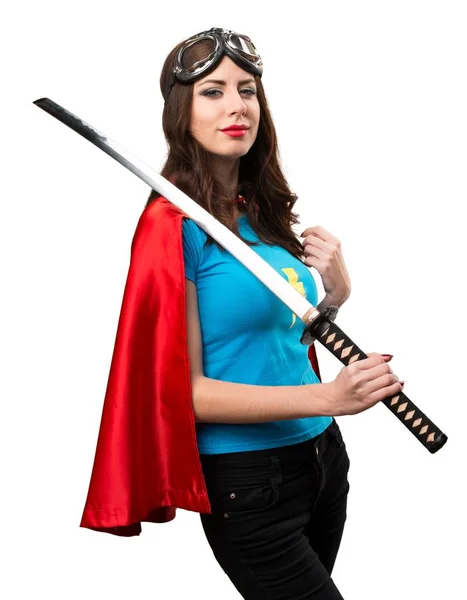 Bella ragazza supereroe con katana — Foto Stock