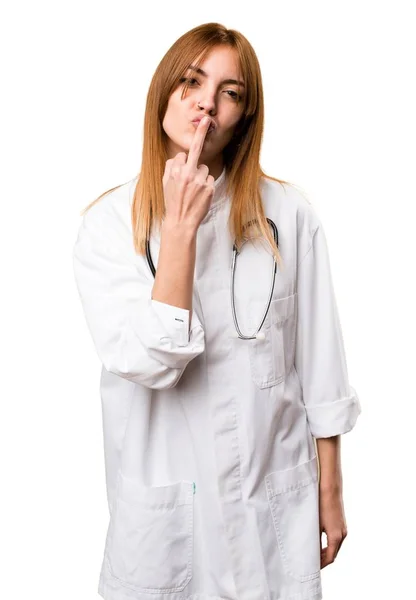 Mladý lékař žena roh gesto — Stock fotografie