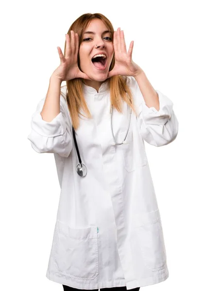 年轻医生女人做出惊喜的手势 — 图库照片
