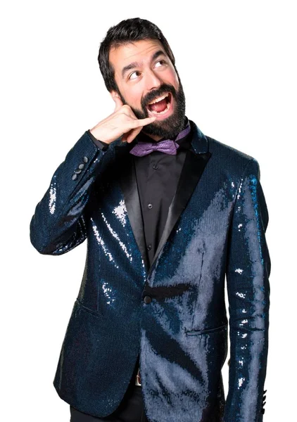 Pohledný muž s plášť telefon gesto — Stock fotografie