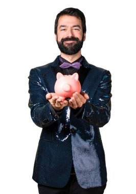 Bir servet tutan payet ceket ile yakışıklı adam