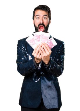 Bir sürü para alarak payet ceket ile yakışıklı adam