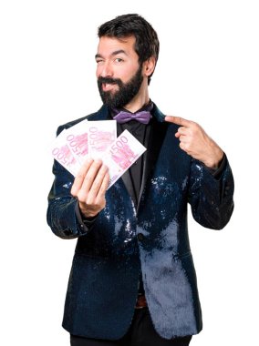 Bir sürü para alarak payet ceket ile yakışıklı adam