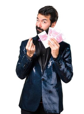 Bir sürü para alarak payet ceket ile yakışıklı adam