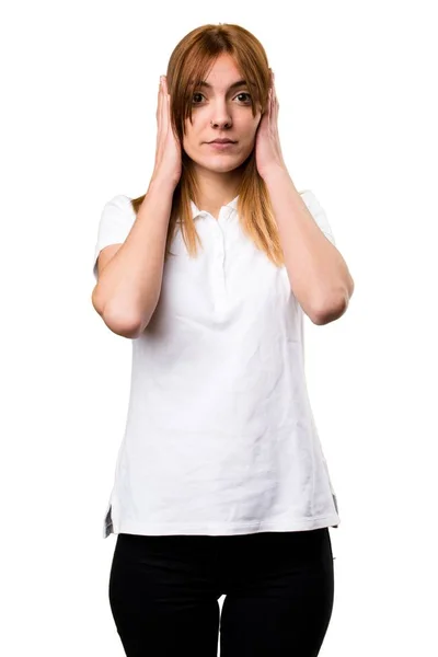 Beautiful young girl covering her ears — Stock Photo, Image