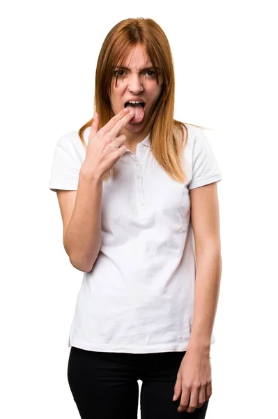 Beautiful young girl making vomiting gesture — Stock Photo, Image