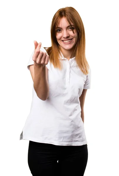 Hermosa chica joven haciendo gesto de dinero — Foto de Stock