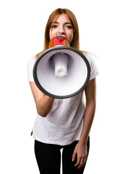 Menina bonita segurando um megafone — Fotografia de Stock