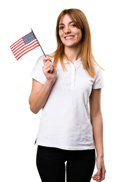 アメリカの国旗を保持している幸せな美しい若い女の子 — ストック写真