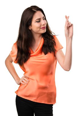 Güzel genç kız ile parmaklarını geçiş