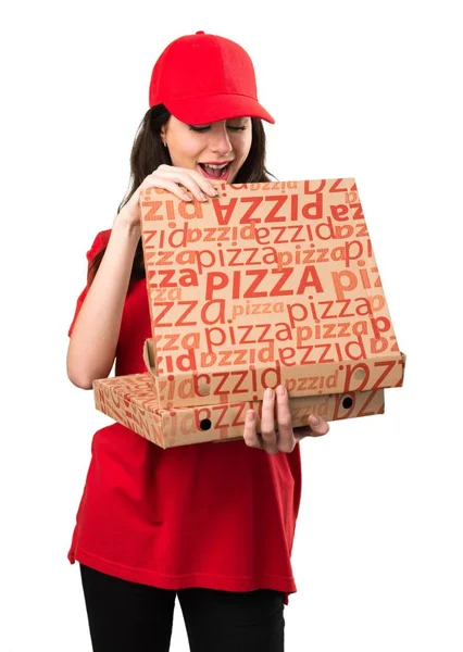 Pizza delivery woman making surprise gesture — Stock Photo, Image