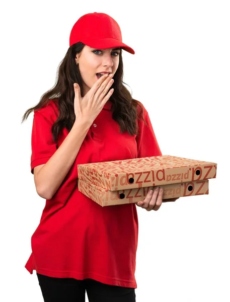 Mulher de entrega de pizza fazendo gesto surpresa — Fotografia de Stock