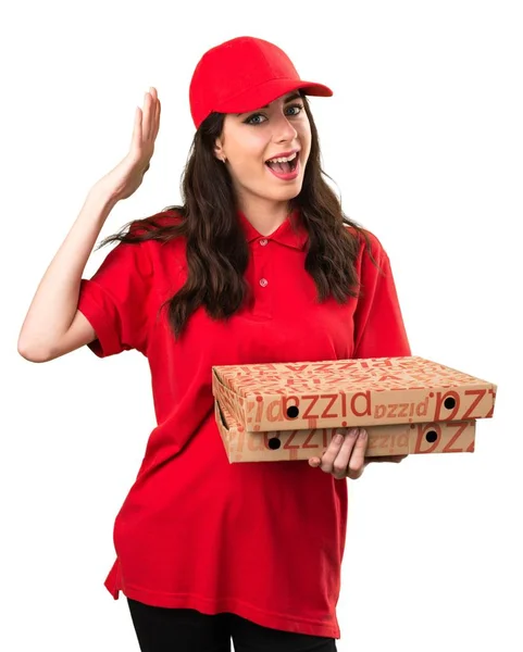 Mulher de entrega de pizza fazendo gesto surpresa — Fotografia de Stock