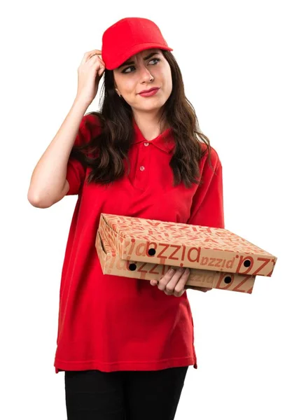 Доставка піци жінка має сумніви — стокове фото