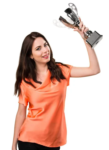 Beautiful young girl holding a trophy — Stock Photo, Image