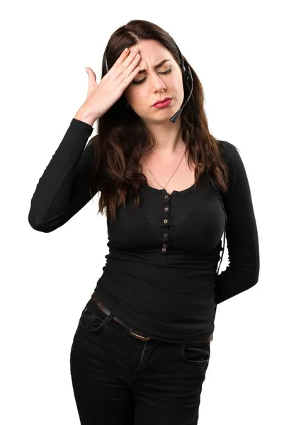 Telemarketer Frustrated beautiful young girl — Stock Photo, Image