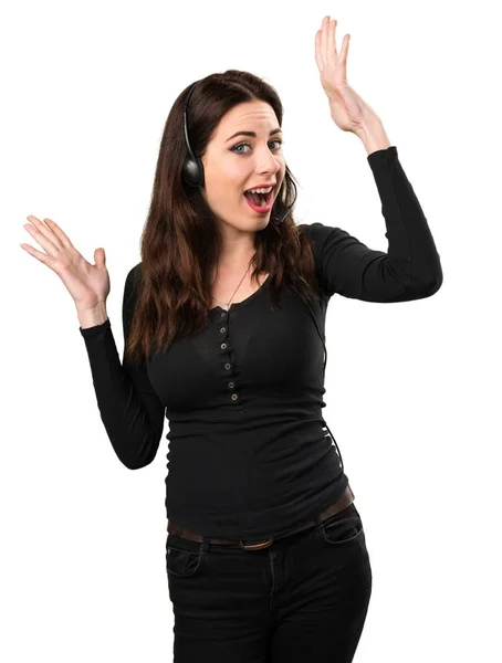 Telemarketer schöne junge Mädchen macht Überraschungsgeste — Stockfoto