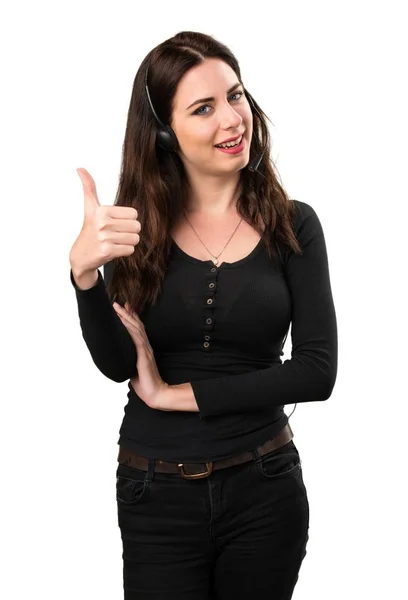 Telemarketer Beautiful young girl with thumb up — Stock Photo, Image