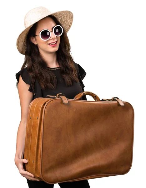 Красивая молодая девушка с чемоданом — стоковое фото