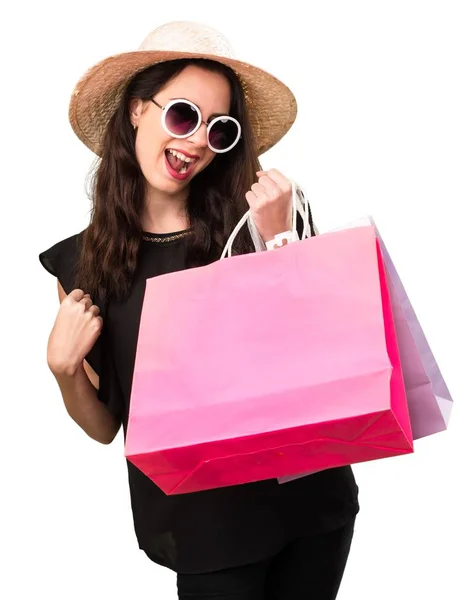 Fortunato bella ragazza con shopping bag — Foto Stock