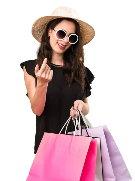 Krásná mladá dívka s nákupní taškou dělat příští gesto — Stock fotografie